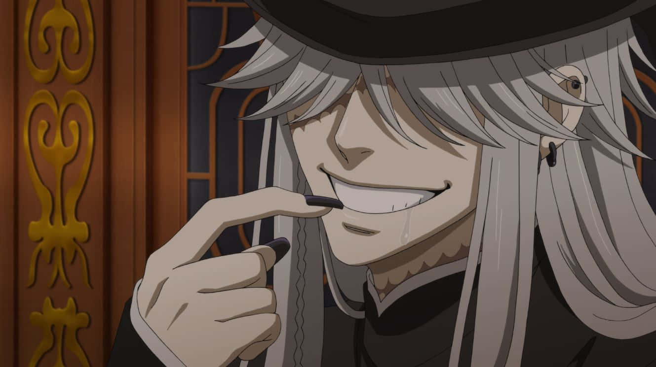 Mysterious Undertaker From Black Butler Grinning With His Scythe Wallpaper