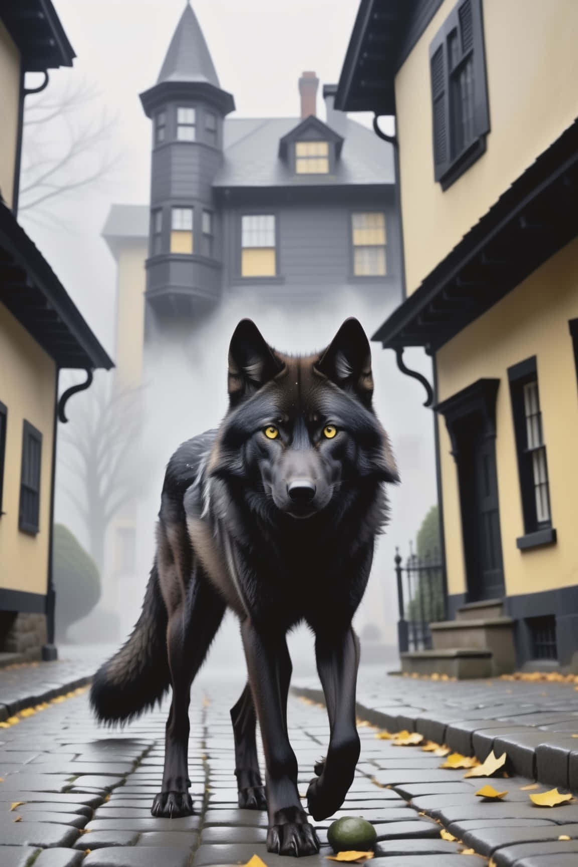 Mystic Black Wolfin Foggy Town Wallpaper