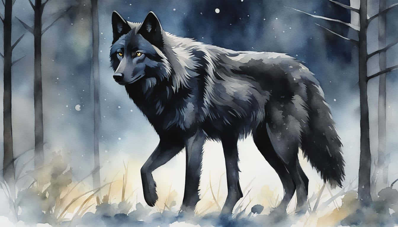 Mystical Anime Black Wolfin Winter Forest Wallpaper