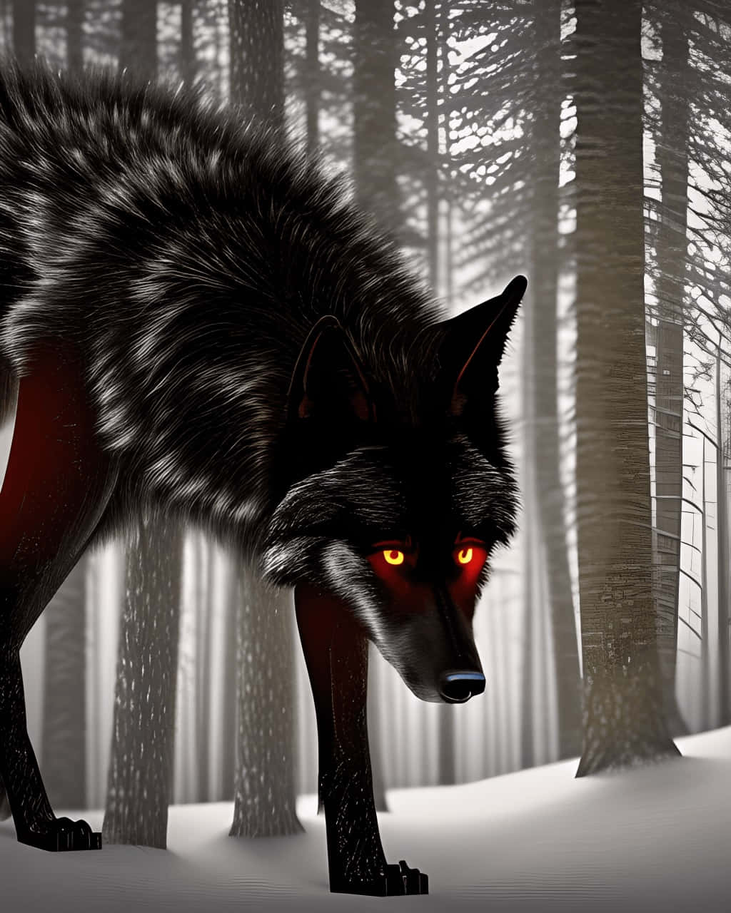 Mystical Black Wolfin Snowy Forest Wallpaper