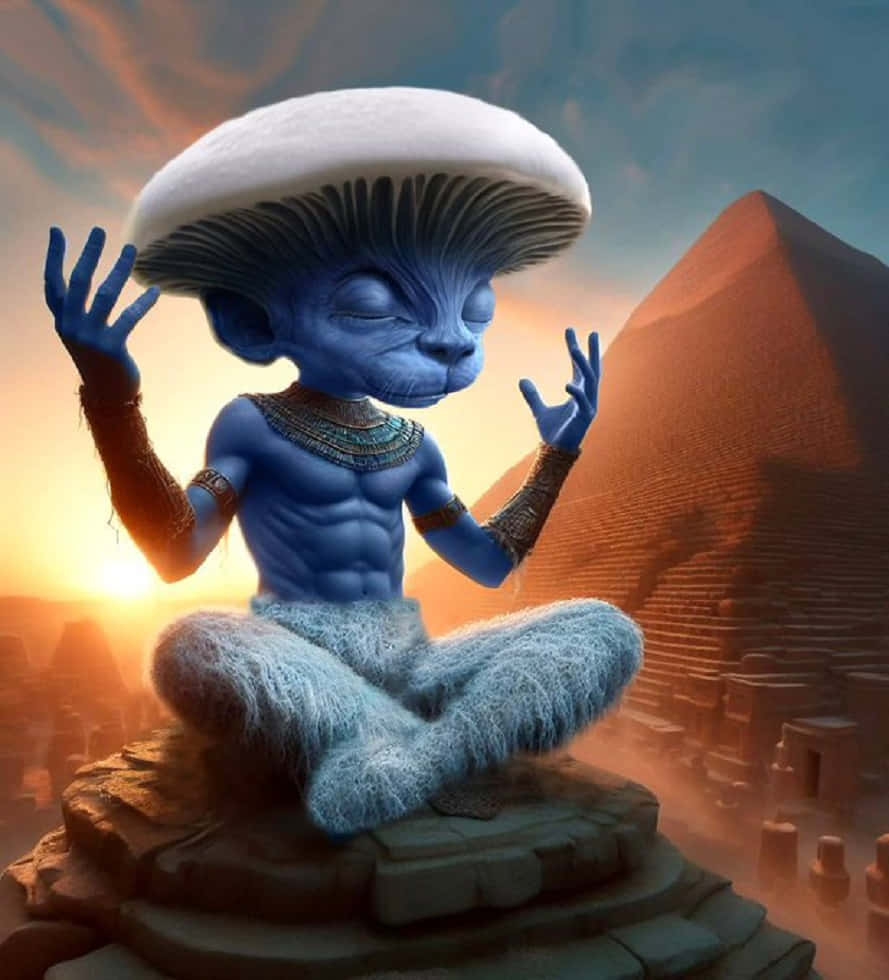 Mystical Blue Creature Meditating Pyramids Wallpaper