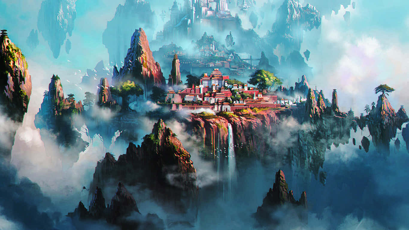 Mystical Cliffside Cityscape Wallpaper