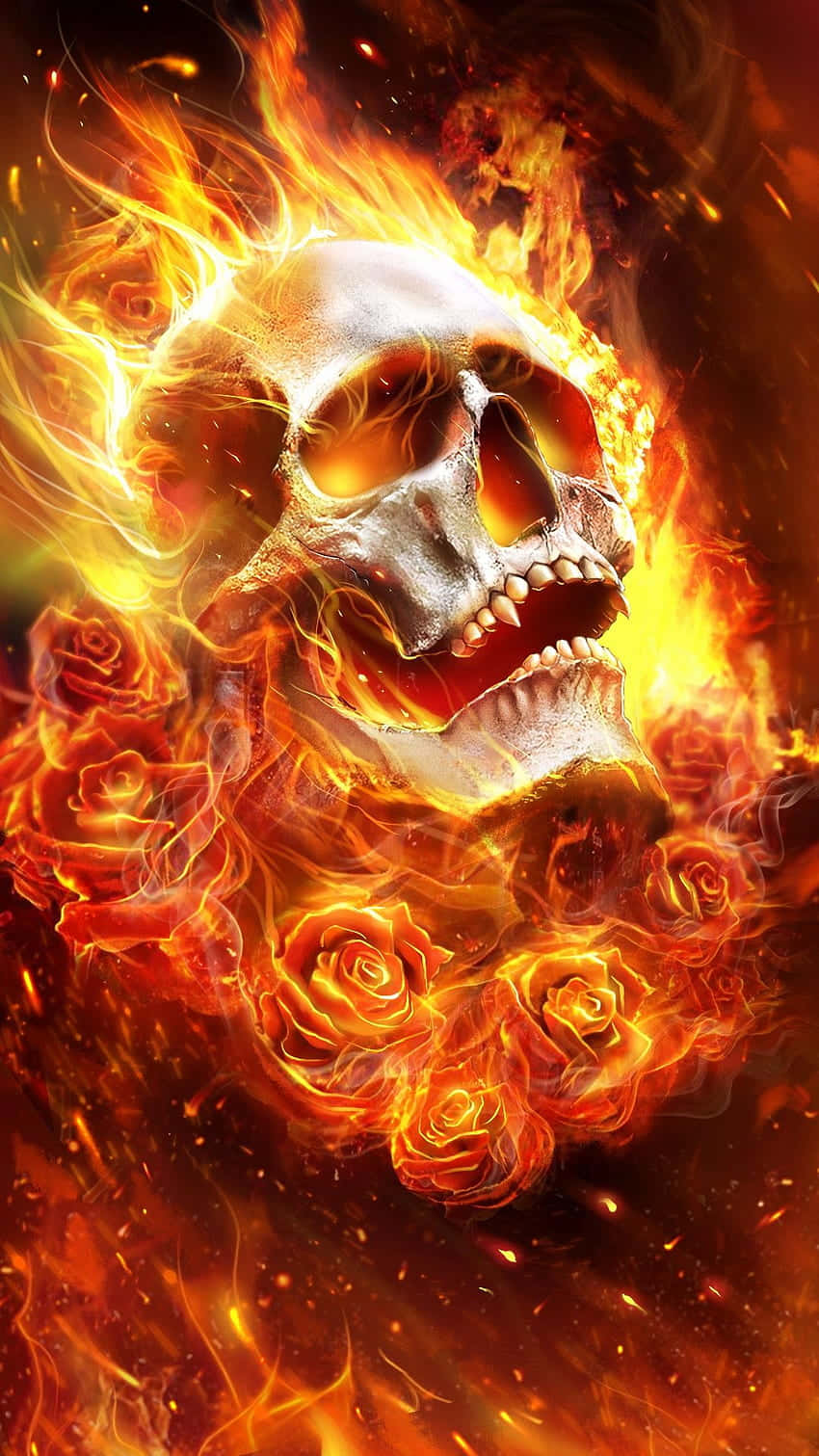 Mystical Fiery Skull Surrounded By Sparks Of Flame. Wallpaper