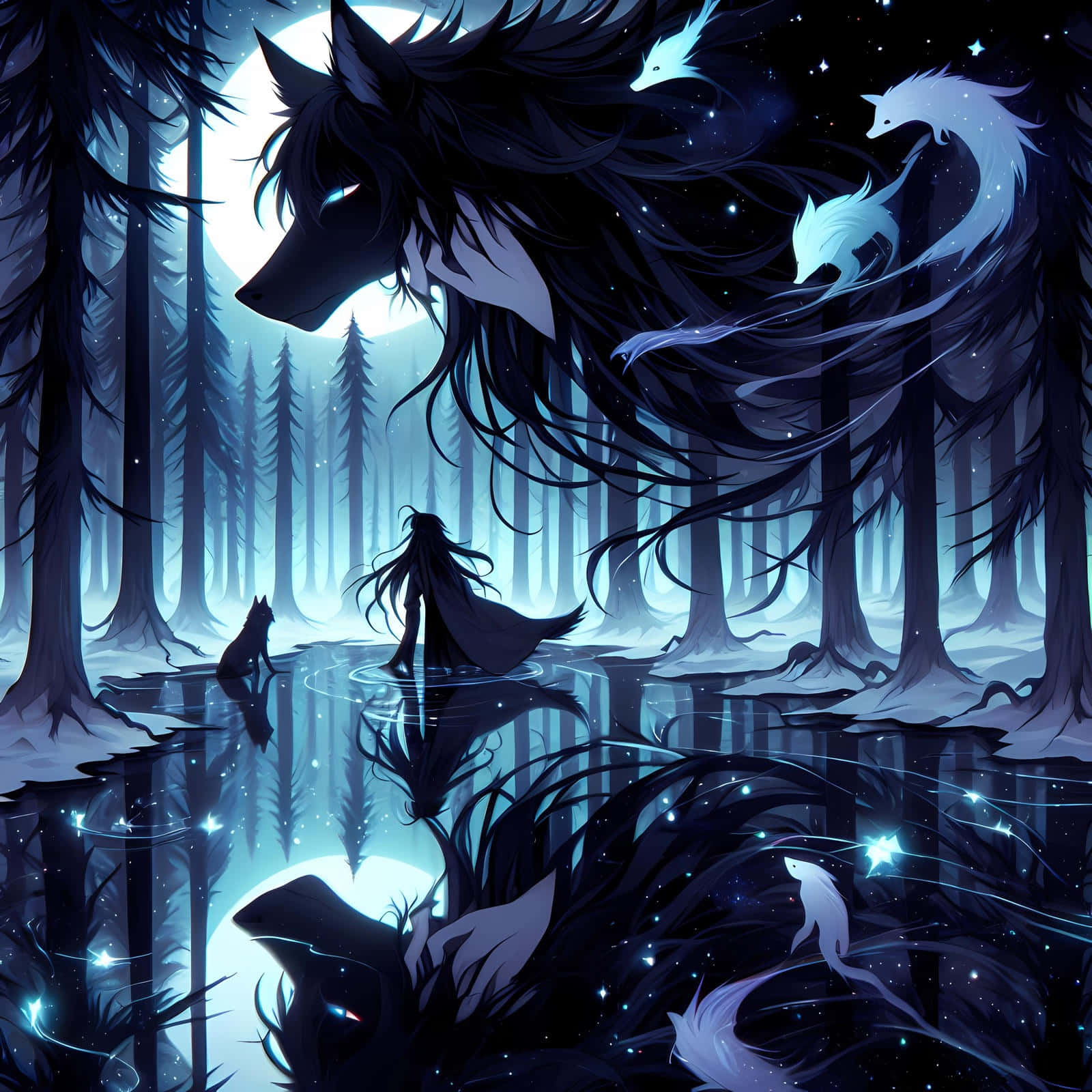 Mystical Forest Black Wolfand Spirit Guides Wallpaper