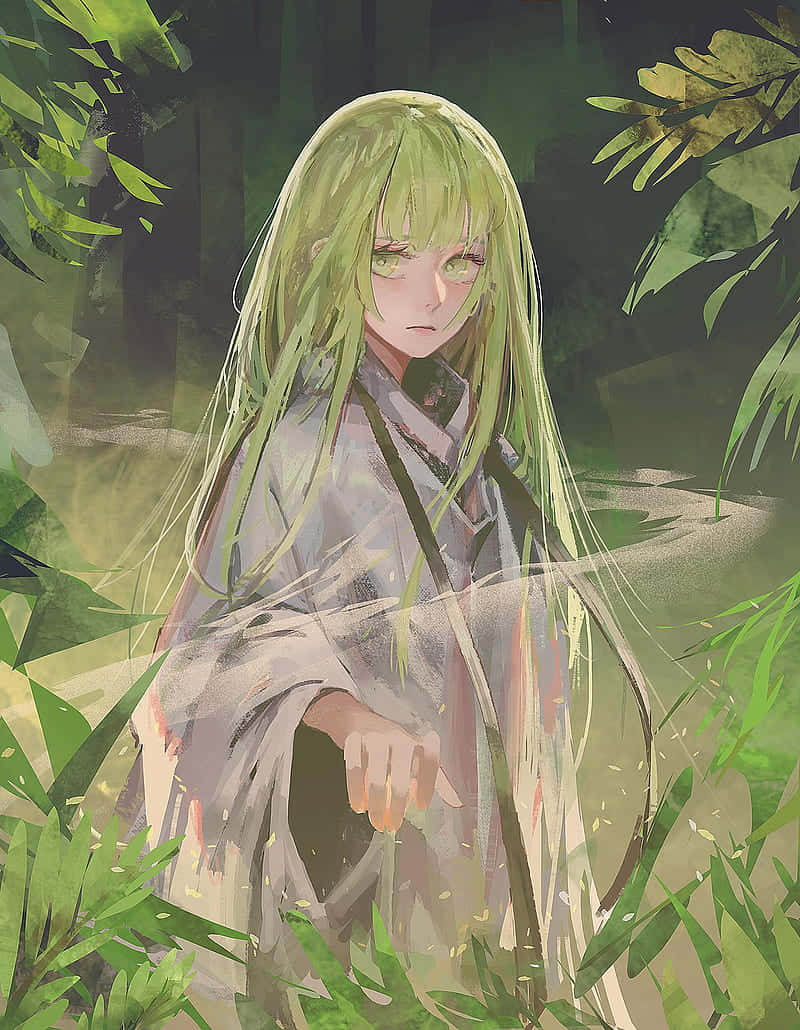 Mystical Forest Green Haired Girl Wallpaper