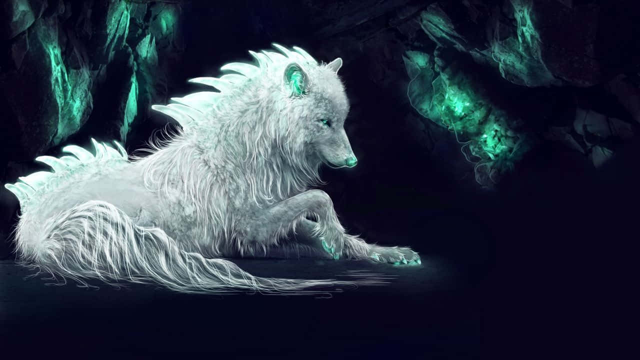 Mystical_ Glowing_ Spirit_ Wolf_ Cave Wallpaper