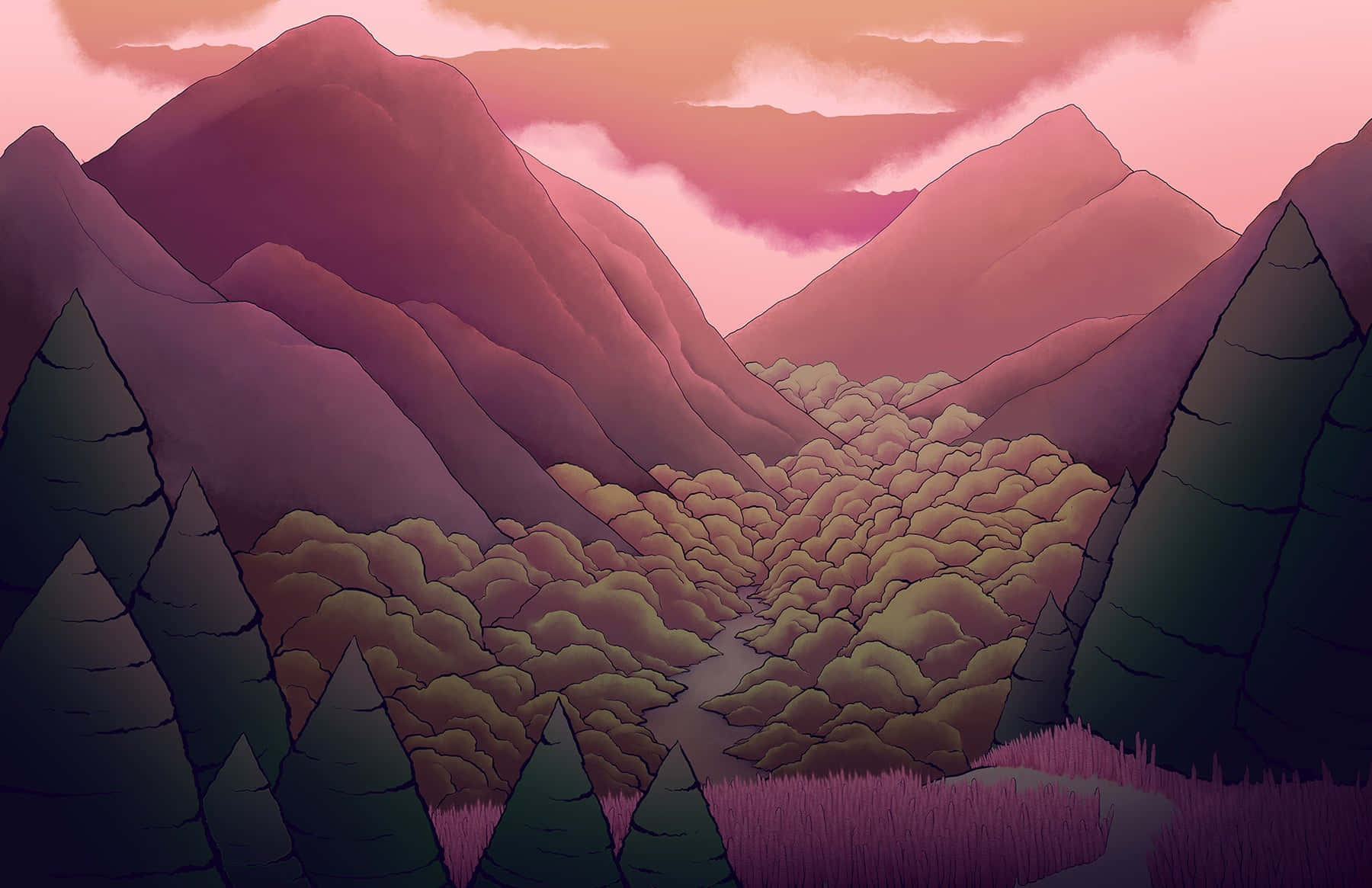 Mystical Mountain Valley Illustration Wallpaper