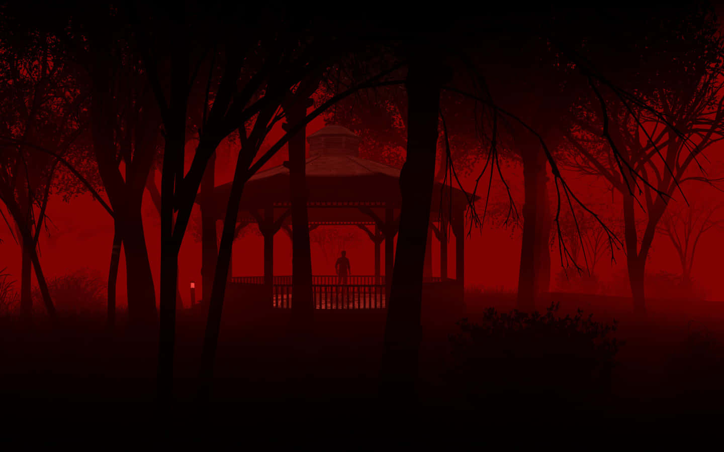 Mystical_ Red_ Forest_ Gazebo Wallpaper