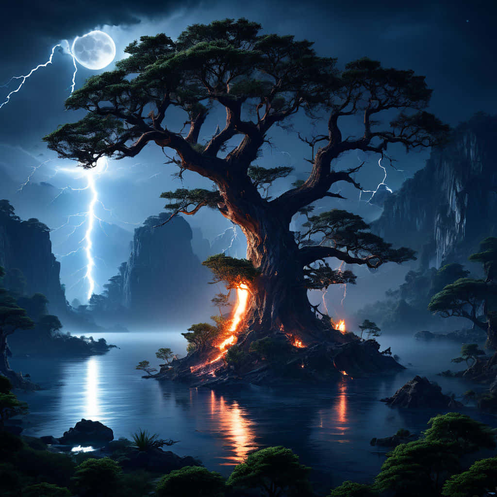 Mystical_ Tree_ Lightning_ Moon Wallpaper