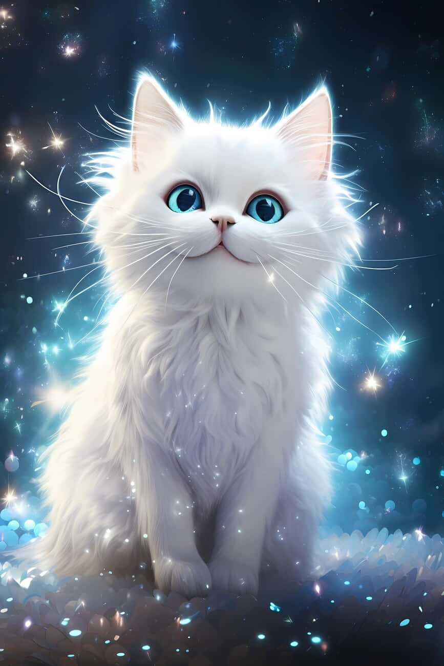 Mystical White Cat Starry Backdrop Wallpaper