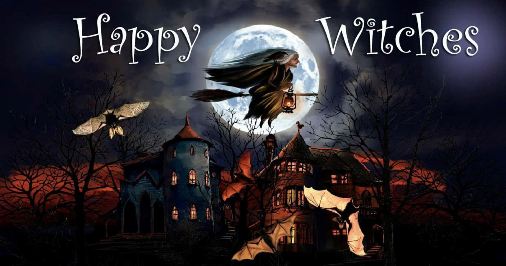 Mystical Witches Broom On Full Moon Night Wallpaper