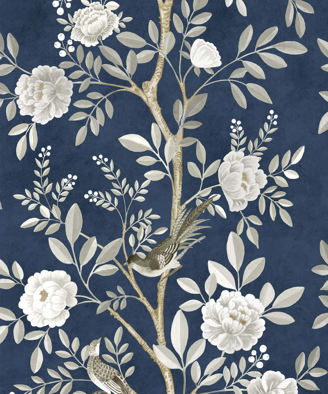 Navy Background Floral Bird Pattern Wallpaper