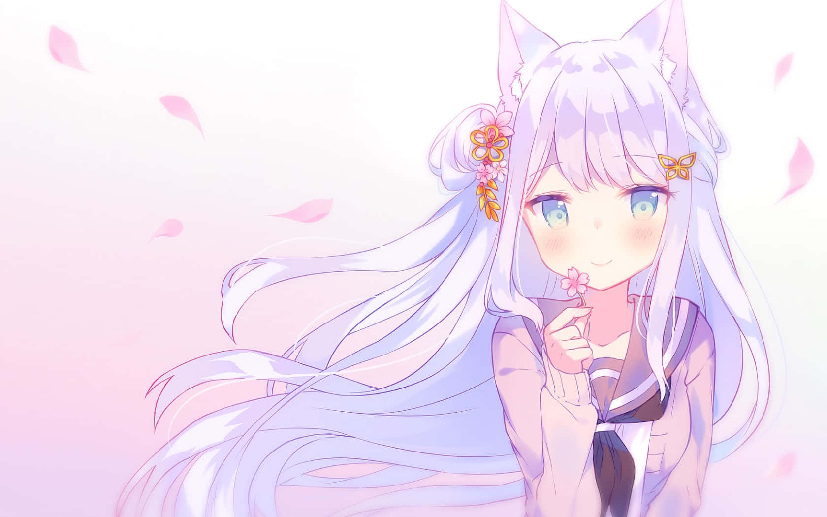 Neko Girlwith Flowerand Falling Petals Wallpaper