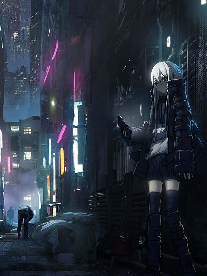 Neon Anime Street Girl Wallpaper