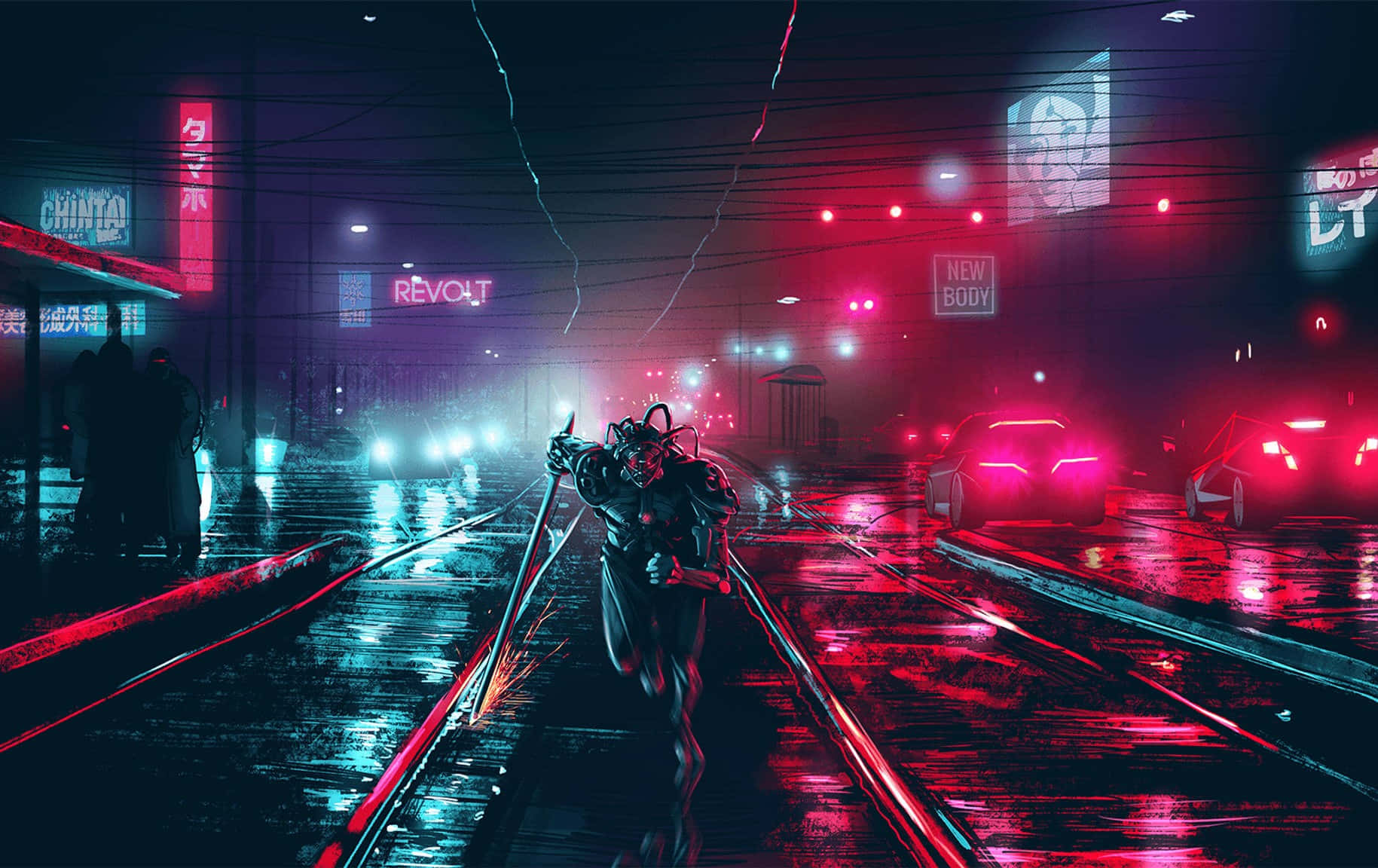 Neon Lights And Tech Accessories Light Up A Cyberpunk Laptop Wallpaper