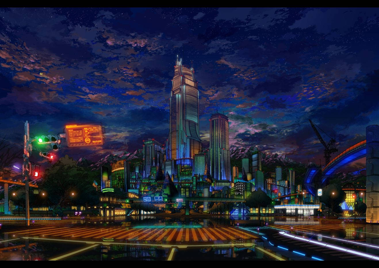 Neon Lights Reach Far And Bright In Anime City Wallpaper