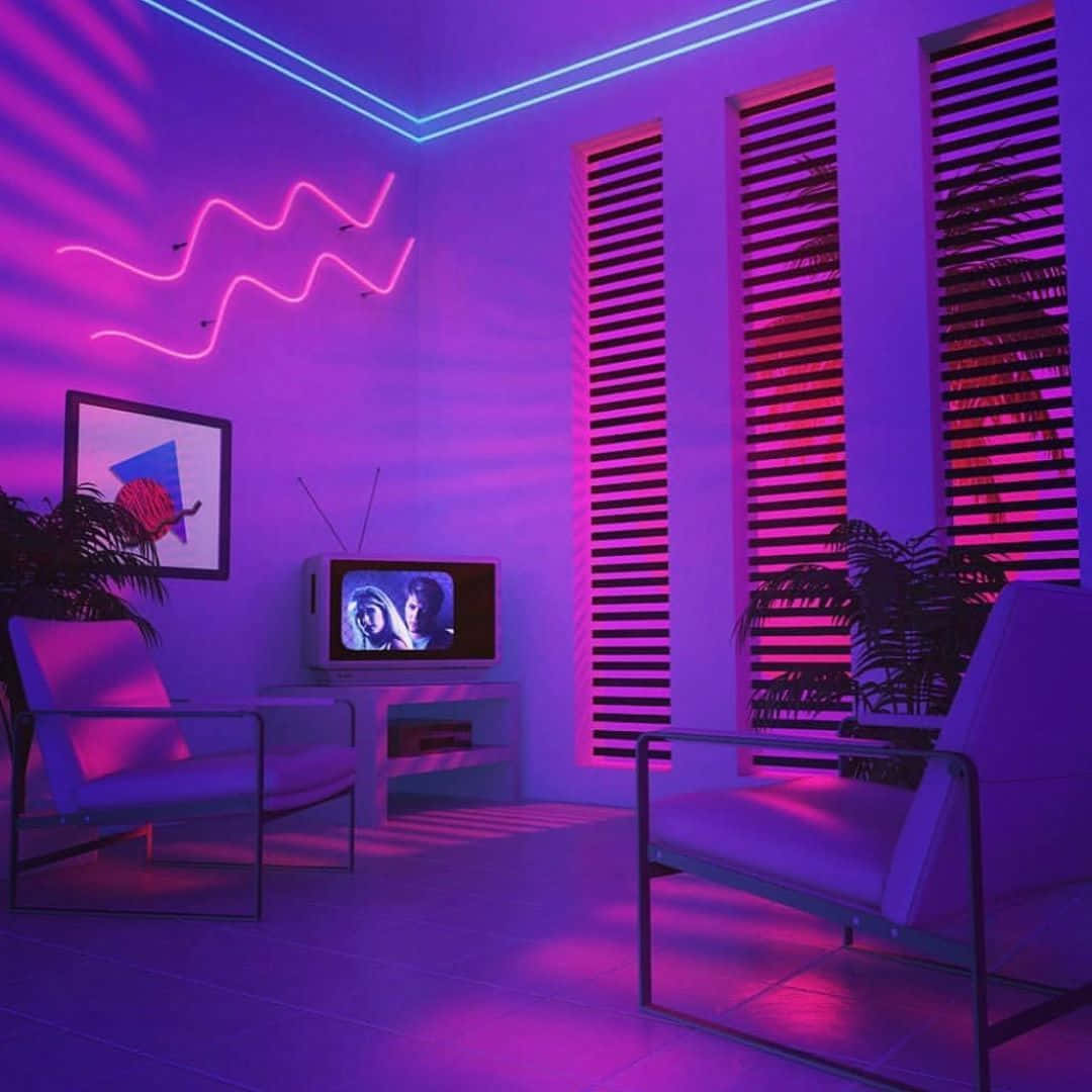 Neon Lit Retro Living Room Decor Wallpaper