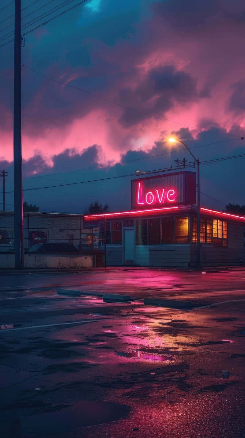 Neon Love Diner Under Twilight Sky Wallpaper