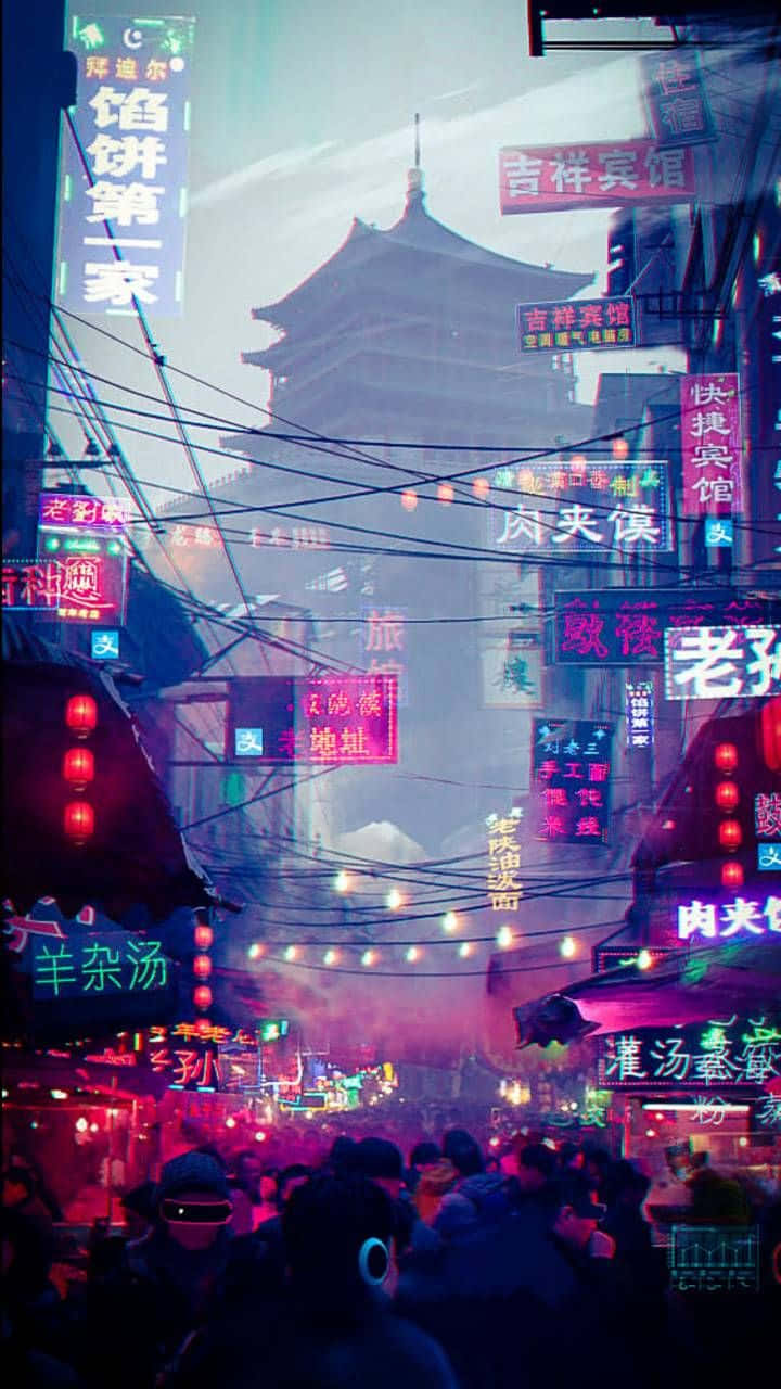 Neon Nightlife Ancient Pagoda Wallpaper