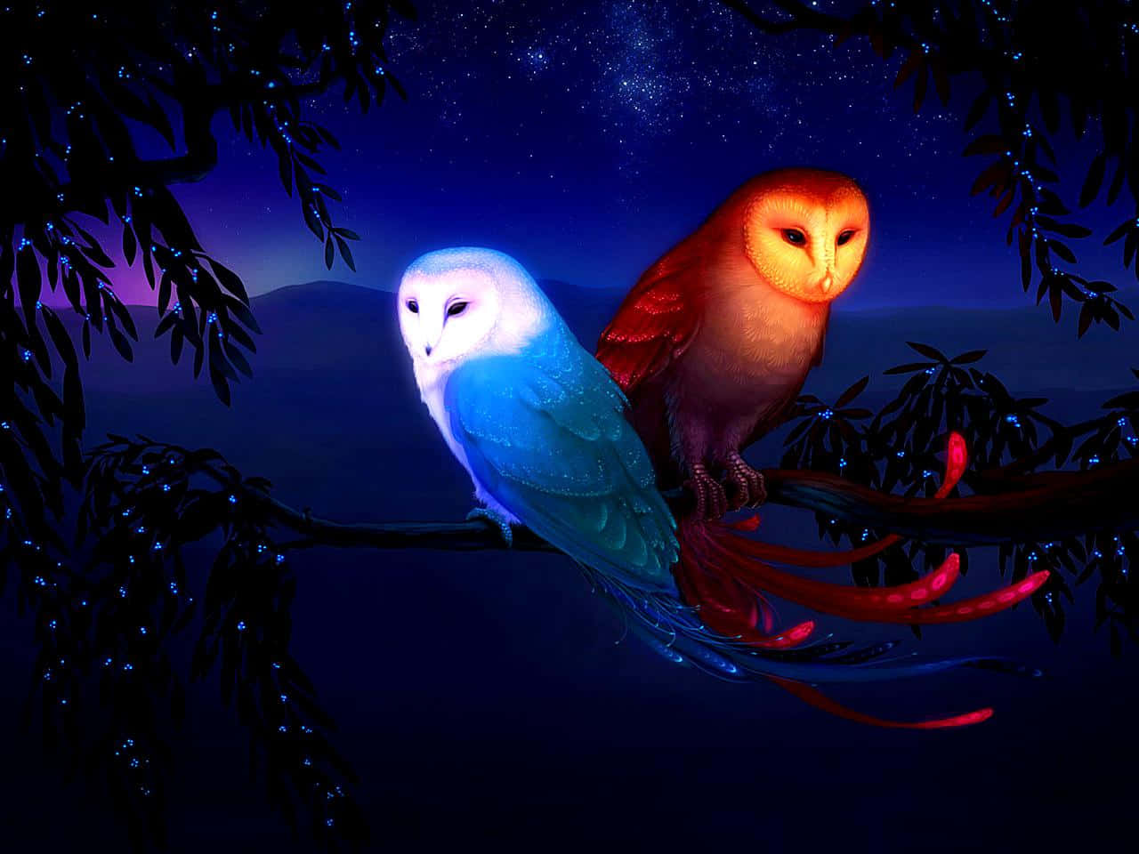 Neon Owls Night Perch Wallpaper