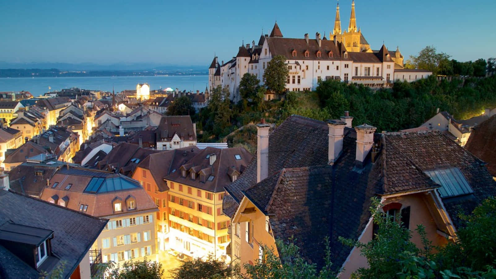 Neuchatel Castle Overlooking City Dusk Wallpaper