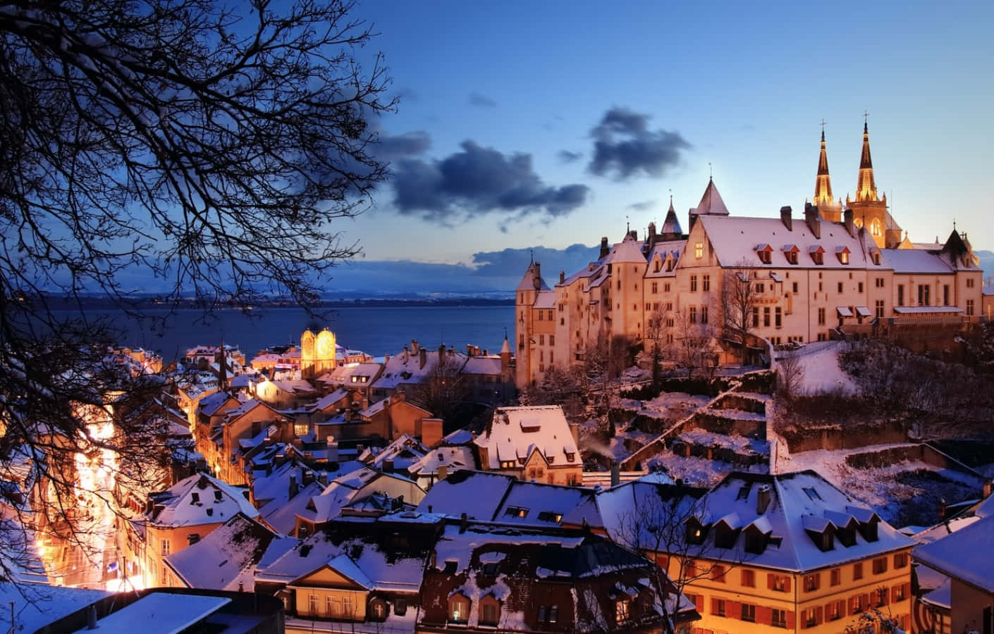 Neuchatel Castle Winter Twilight Wallpaper