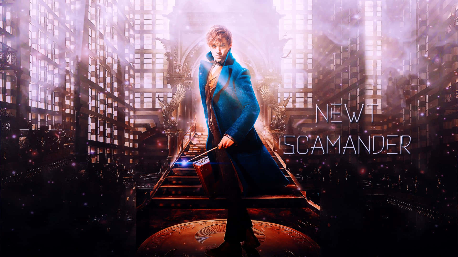 Newt Scamander And Magical Creatures In Fantastic Beasts Movie Wallpaper