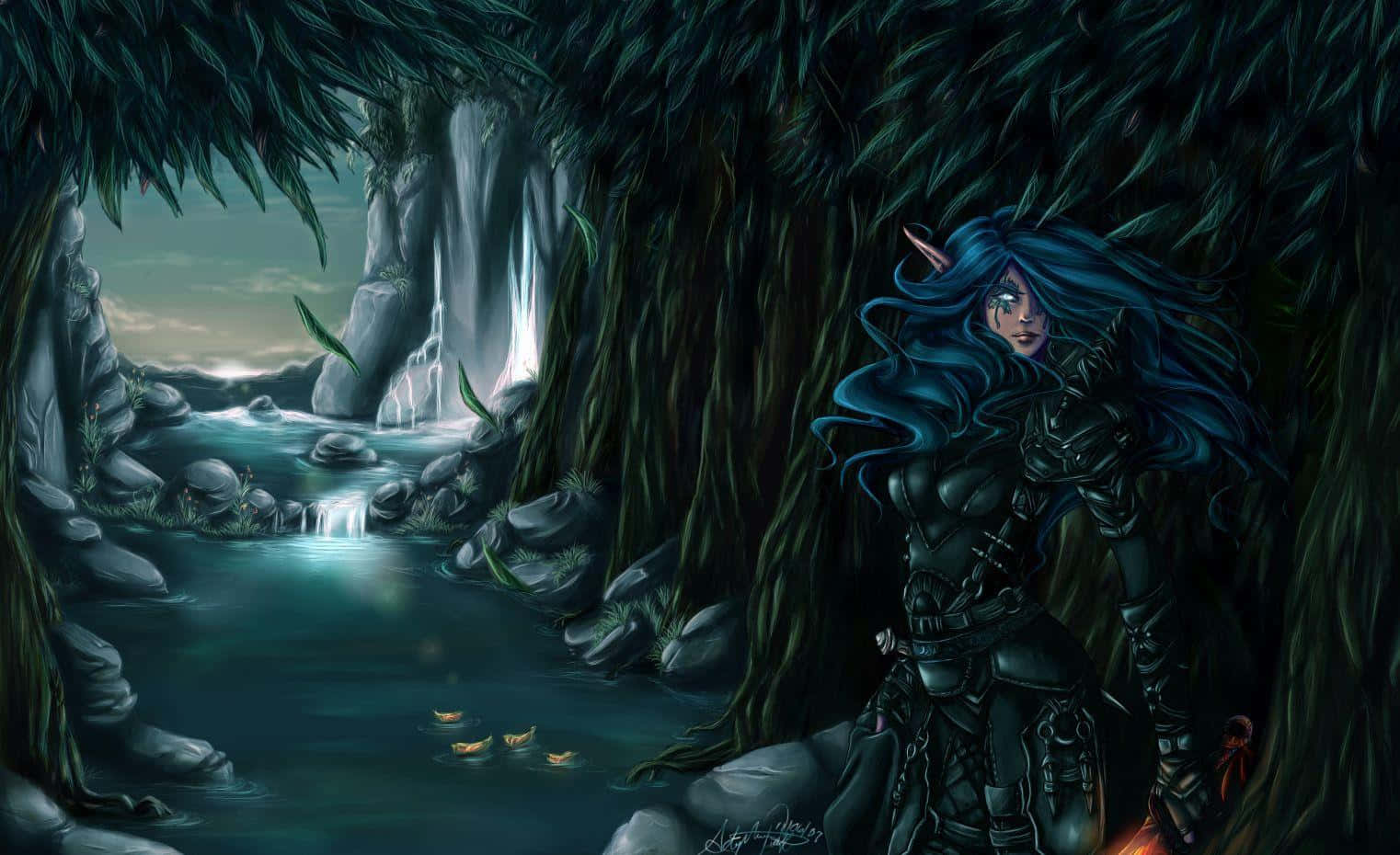 Night Elf Roguein Forest Grotto Wallpaper