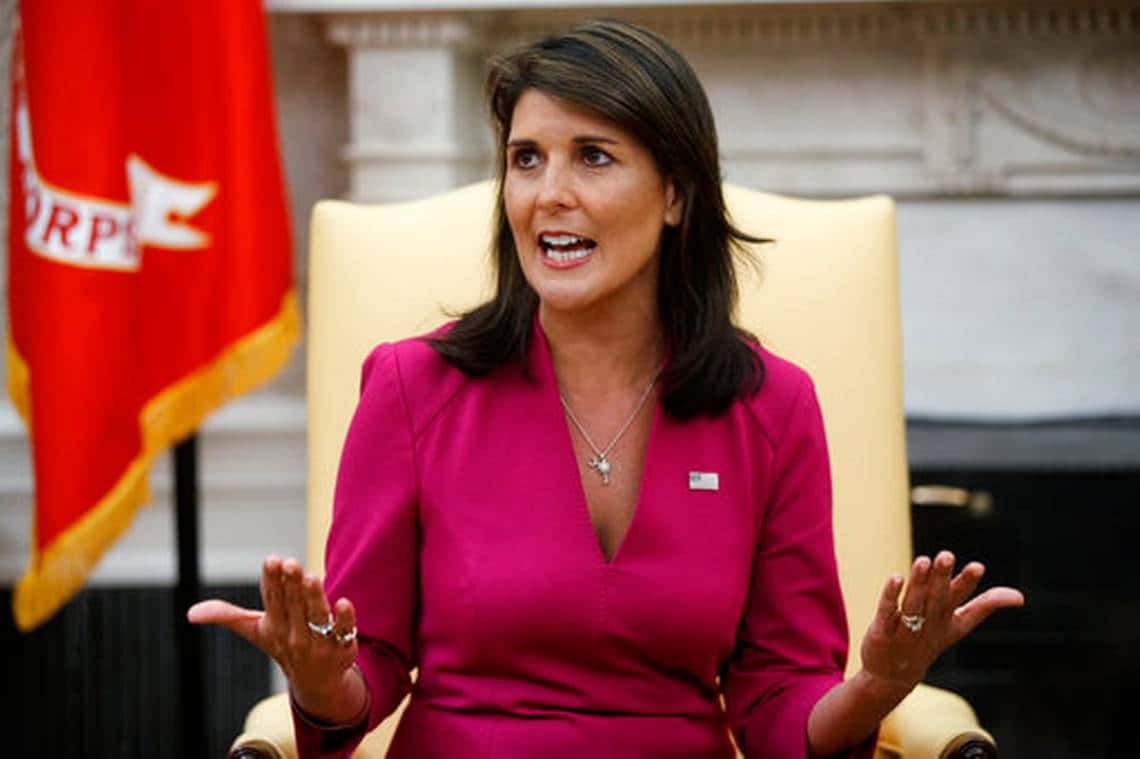 Nikki Haley Gesturing With Hands Wallpaper