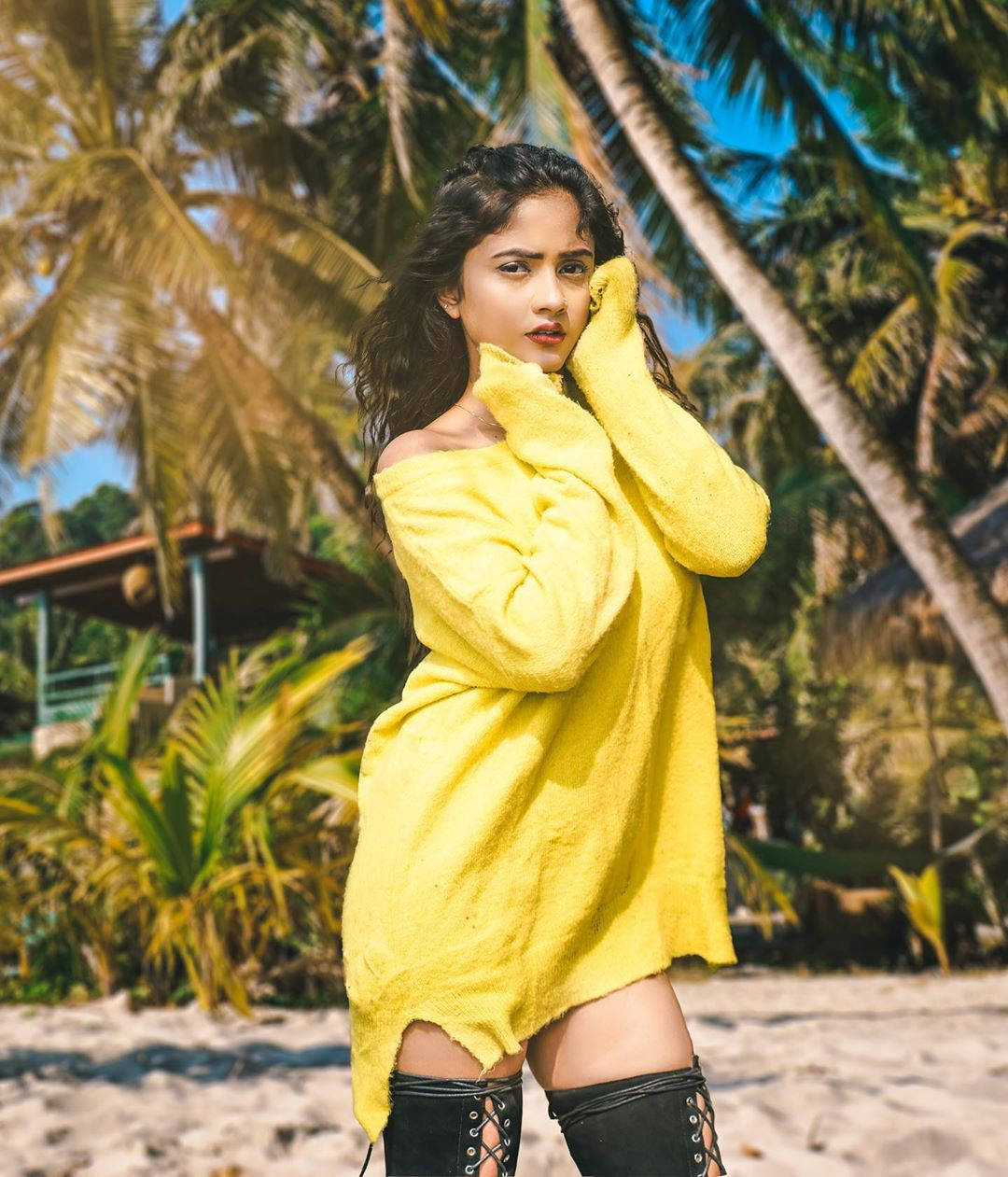 Nisha Guragain Yellow Dress Black Boots Wallpaper