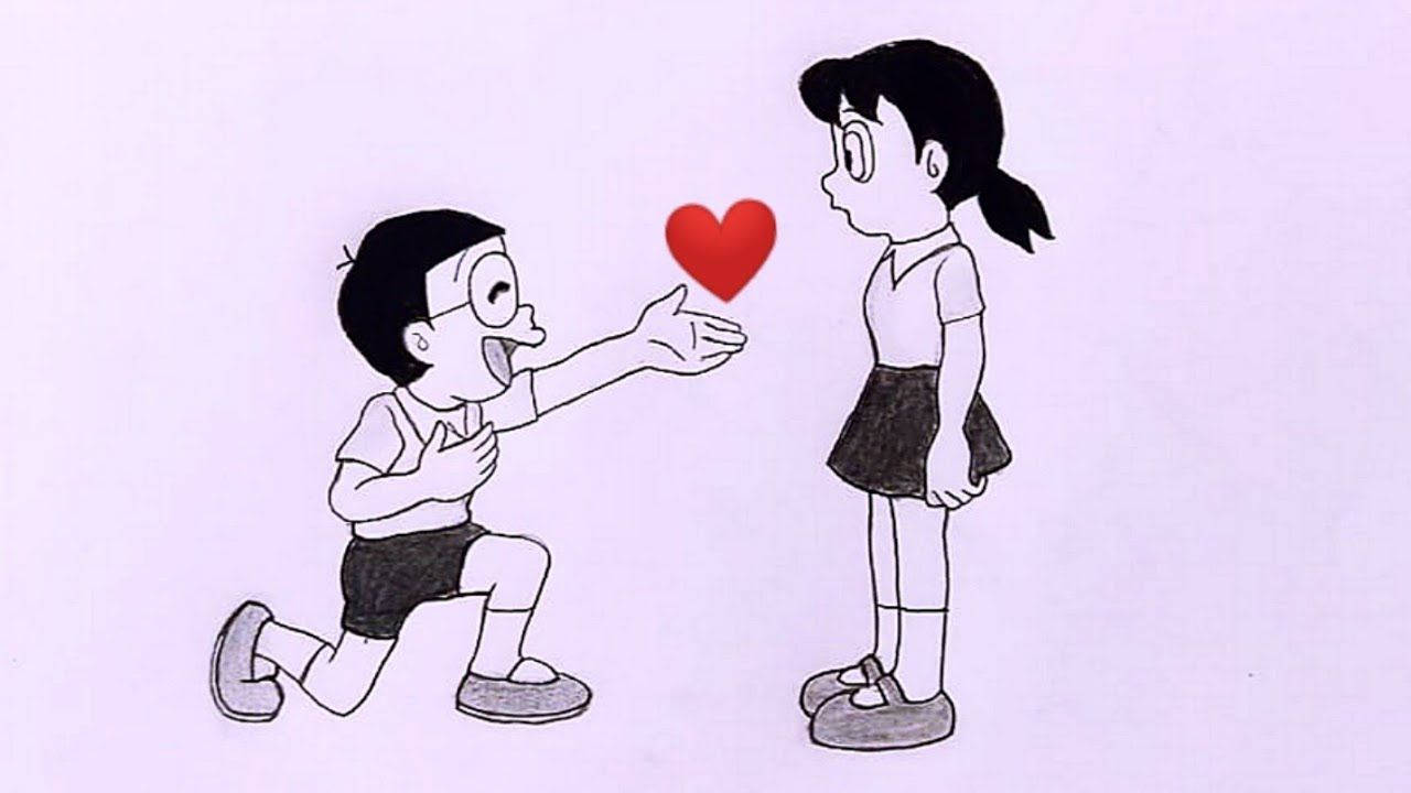 Nobita Shizuka Hd Heart Sketch Wallpaper