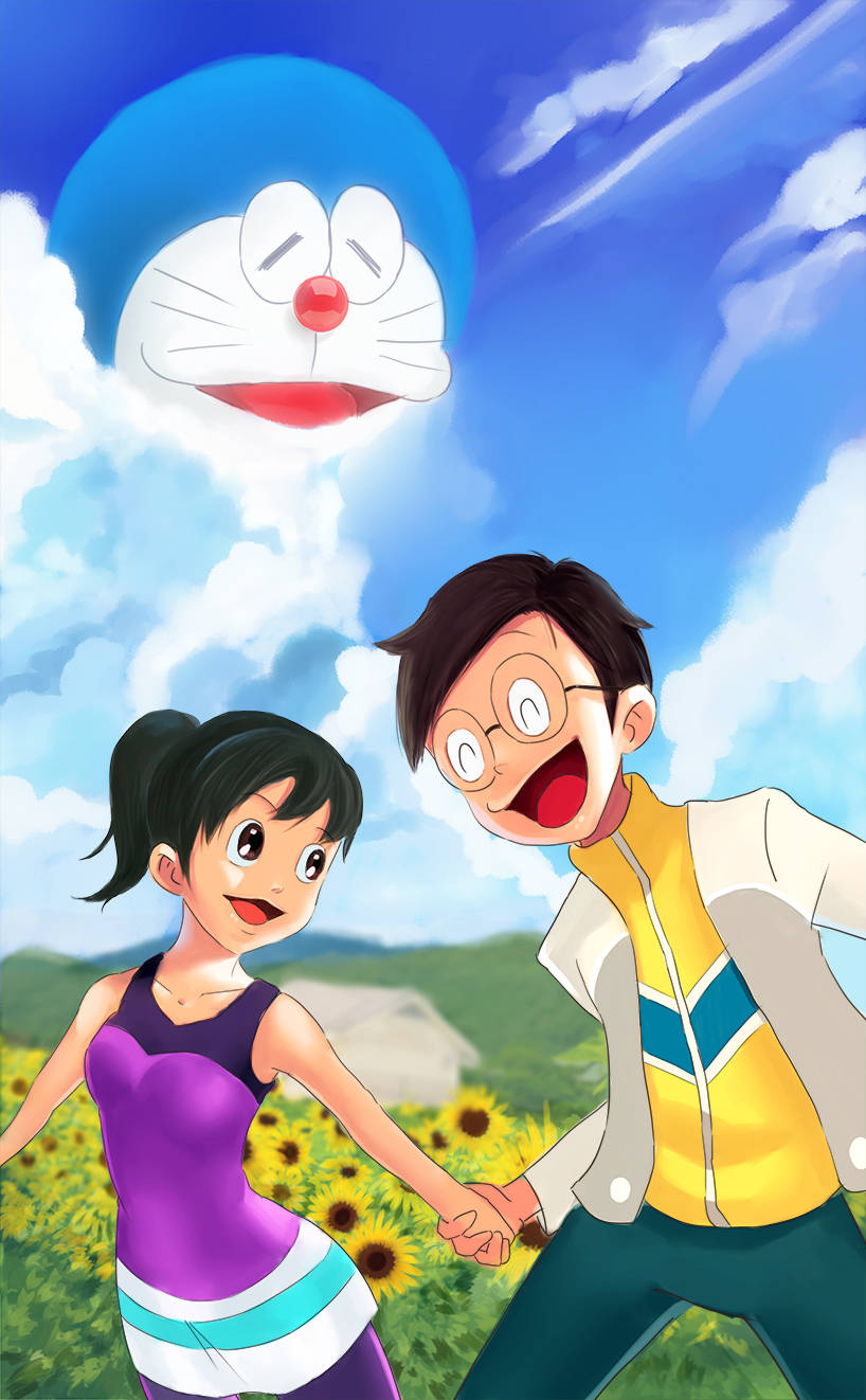 Nobita Shizuka Hd Sunflower Field Wallpaper