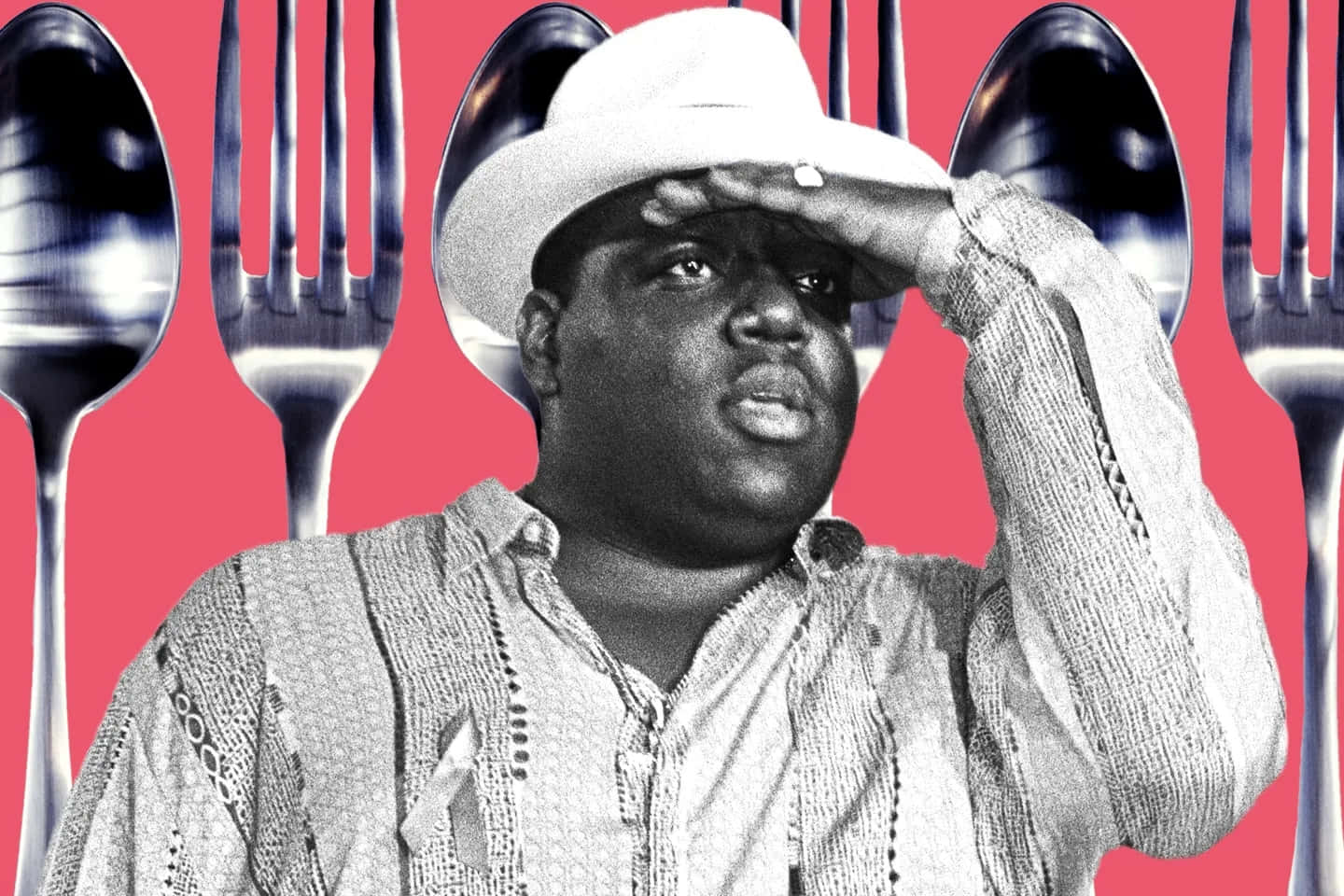 Notorious B I G Salutewith Spoonsand Forks Background Wallpaper