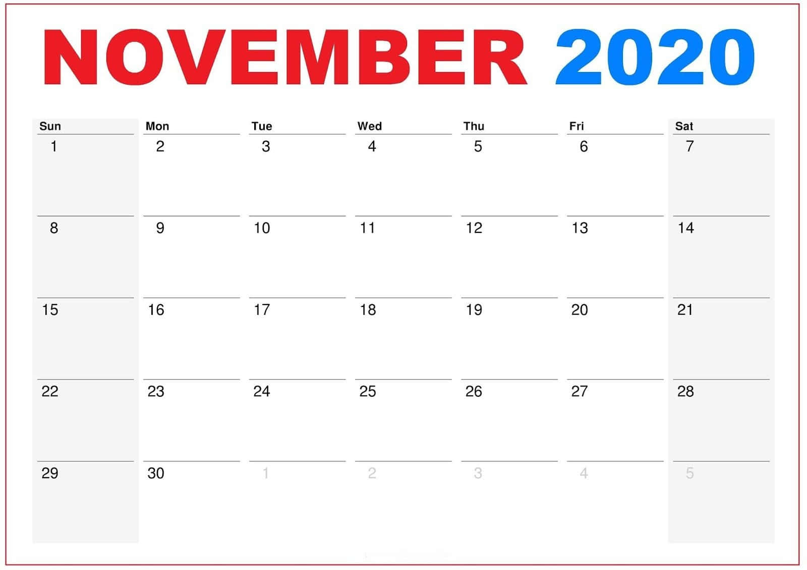 November 2020 Calendar With Blue And Red Wallpaper