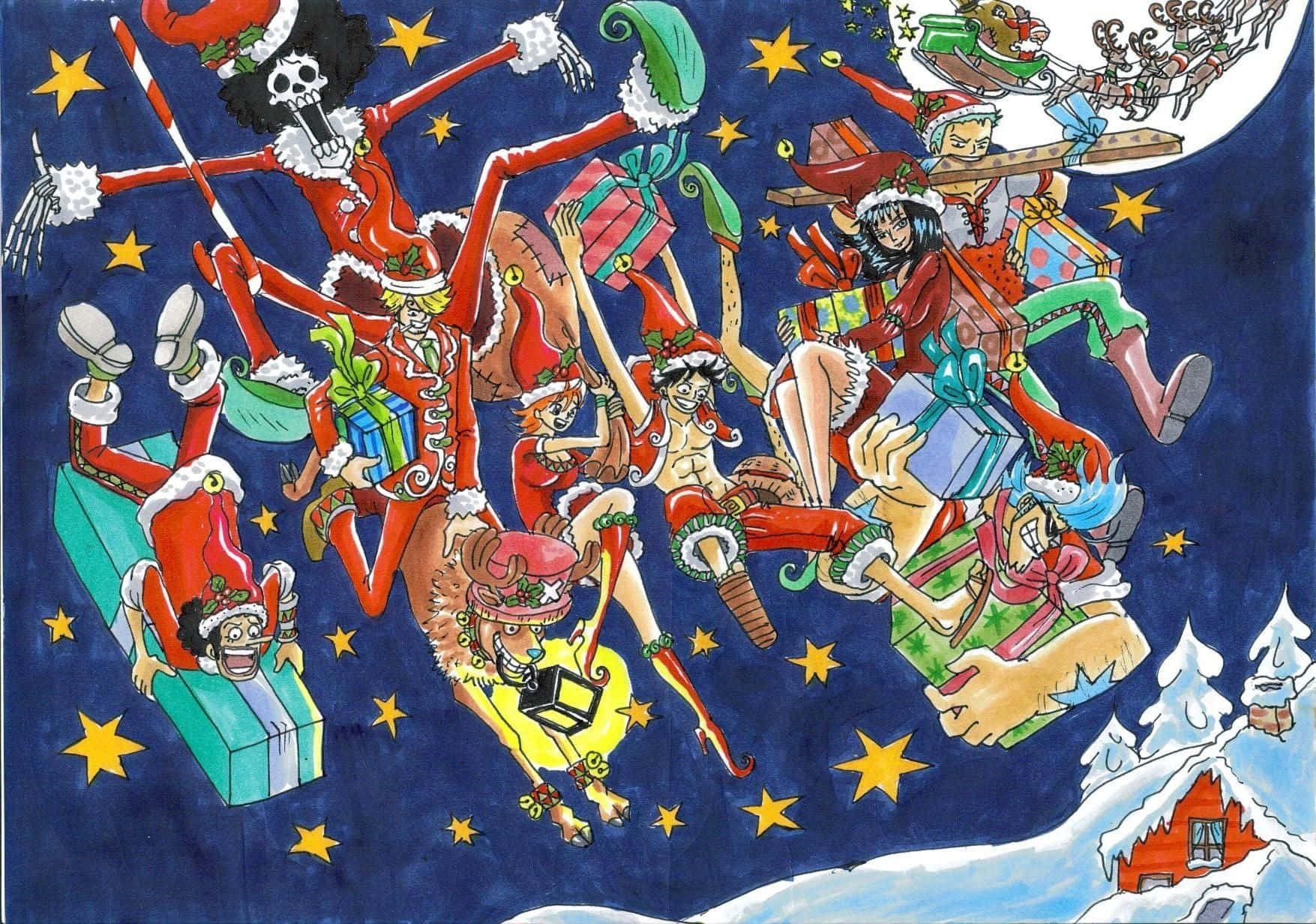 One Piece Straw Hat Pirates Christmas Celebration Wallpaper