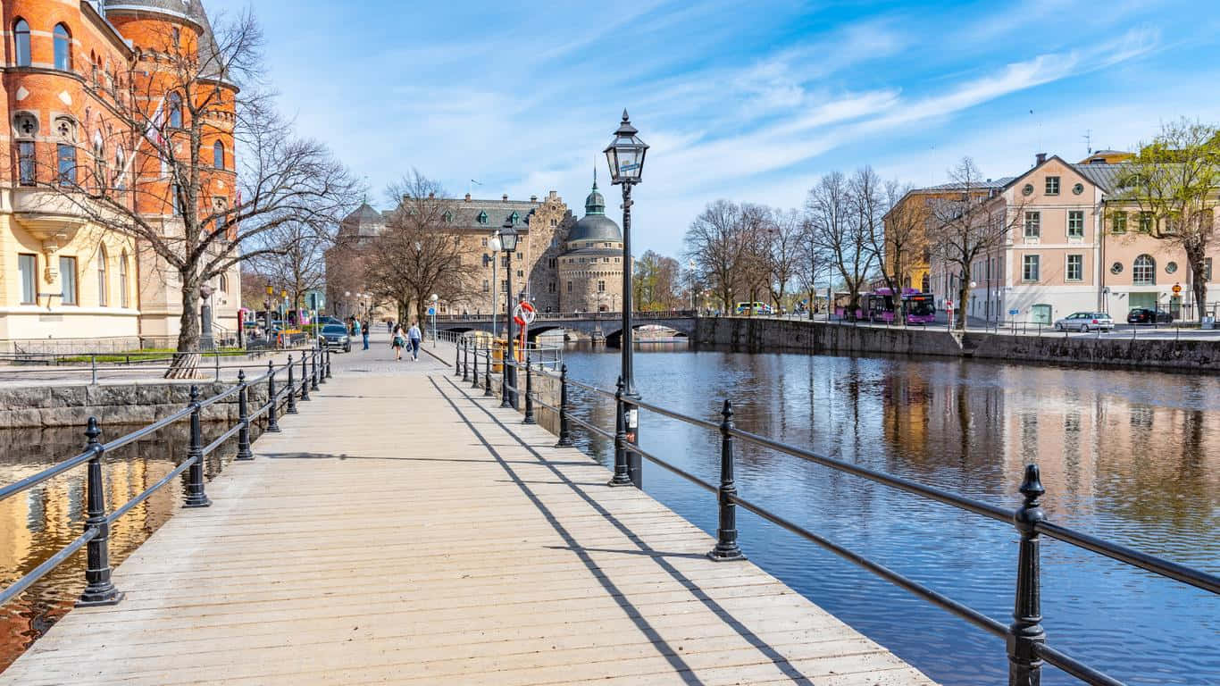 Orebro Sweden Riverside Walkway Wallpaper