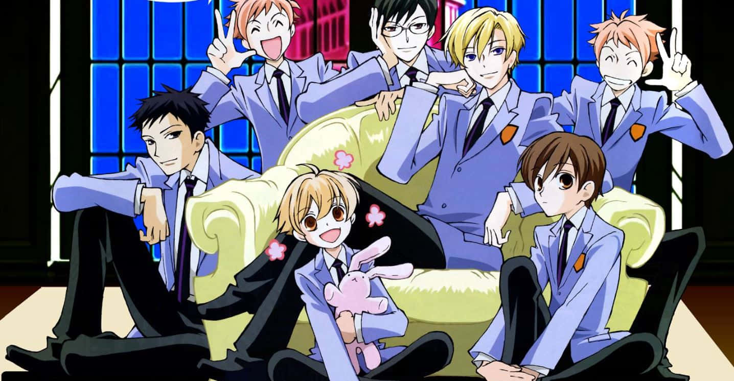 Ouran High School Host Club Members Posing In A Stylish Group Photo Wallpaper