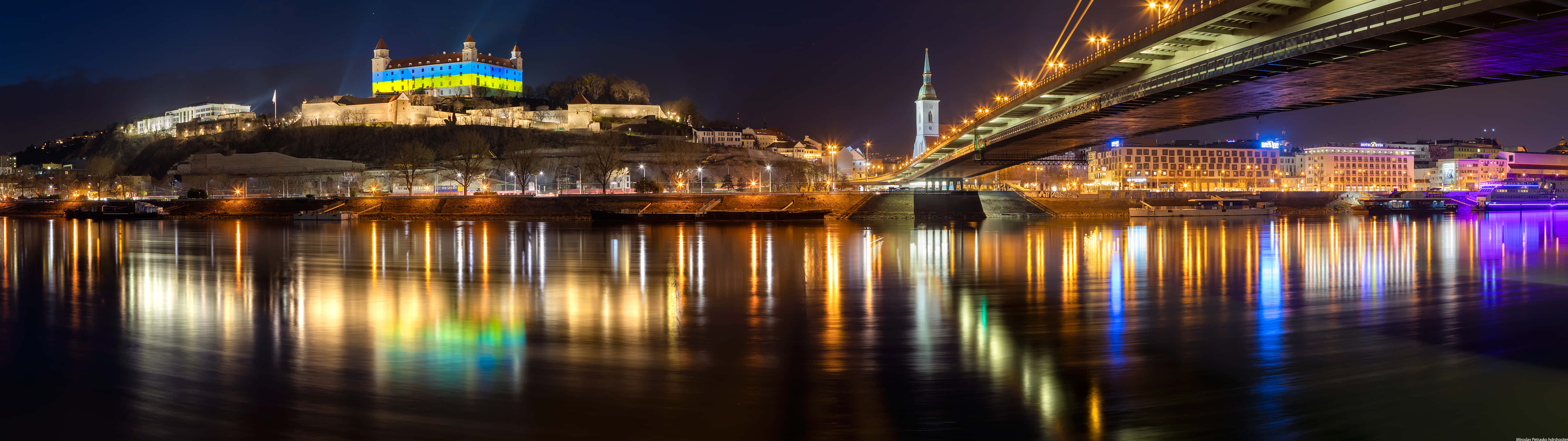 Panoramic Night Cityscape Bridge Reflections Wallpaper