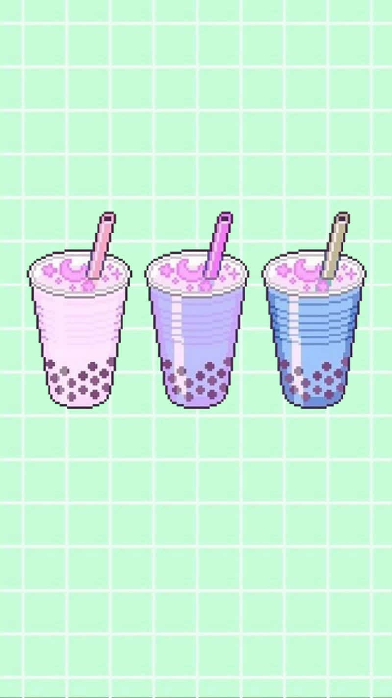 Pastel Boba Trio Pixel Art Wallpaper