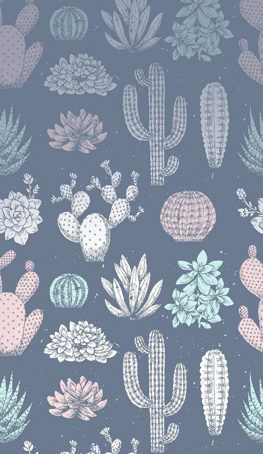 Pastel Cactus Dark Portrait Pattern Wallpaper