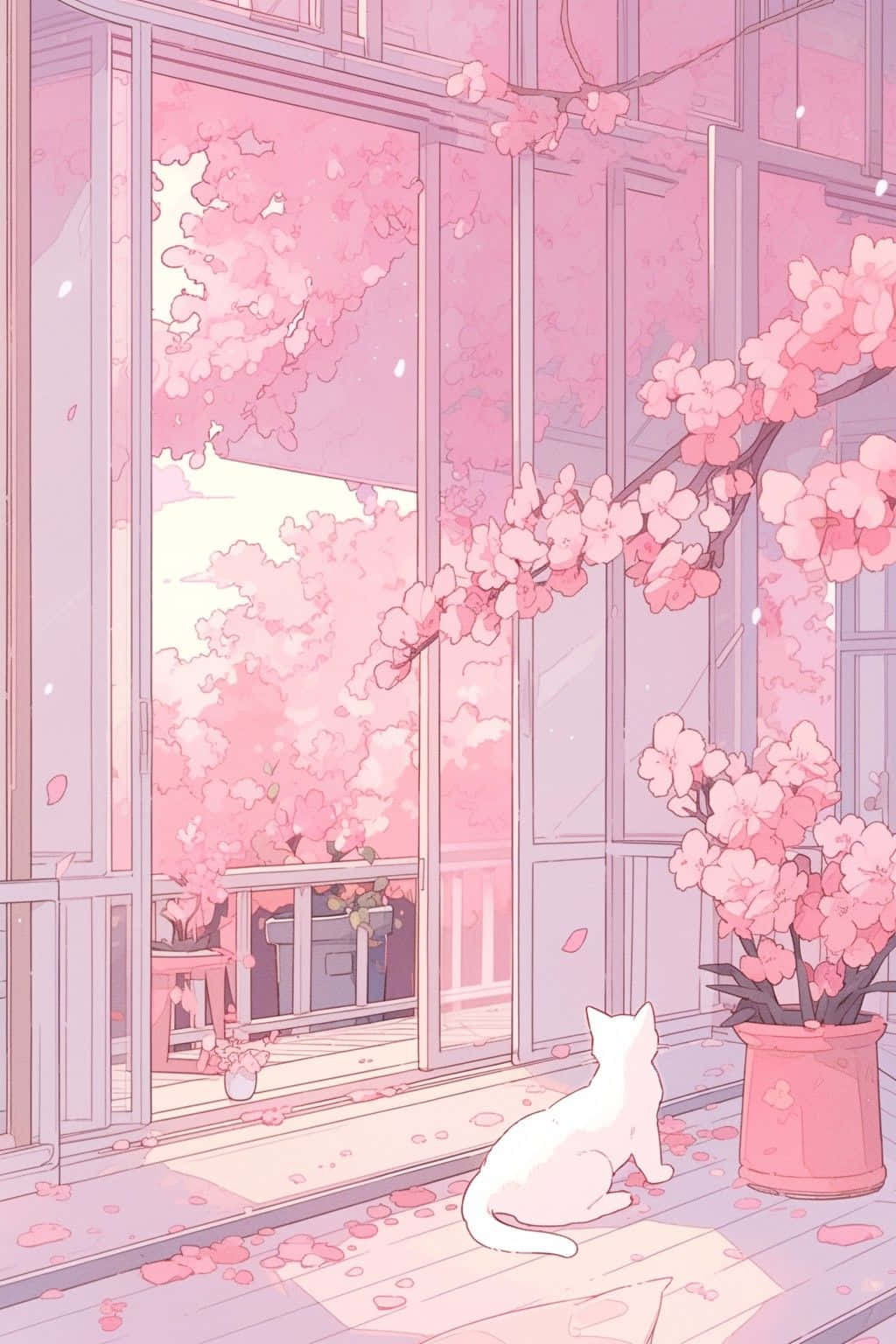 Pastel Cat Cherry Blossoms Window Wallpaper