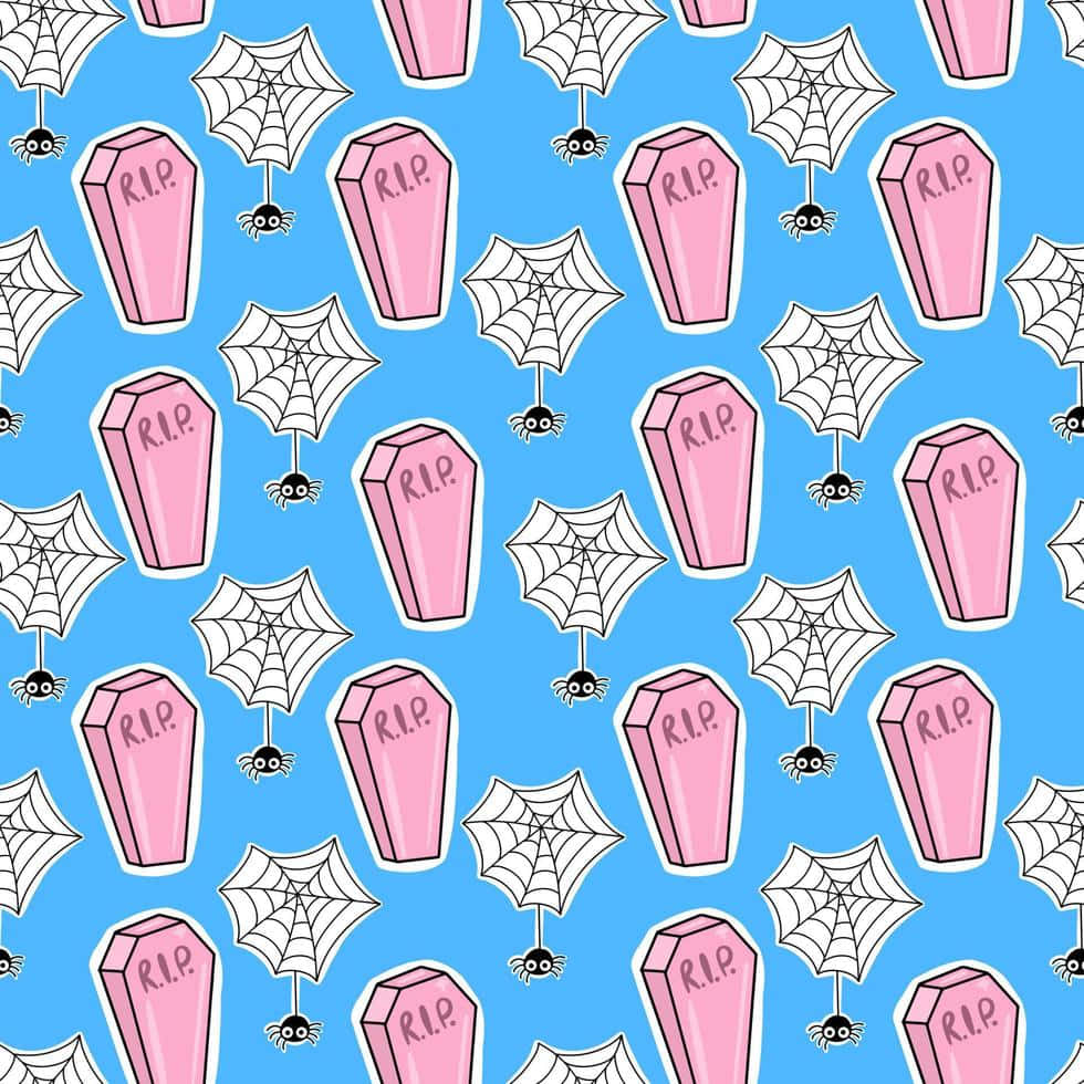 Pastel Coffinsand Spiders Pattern Wallpaper