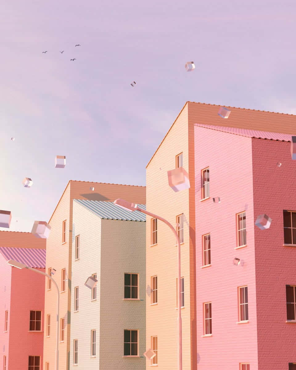 Pastel Colored Buildingsand Flying Papers Wallpaper