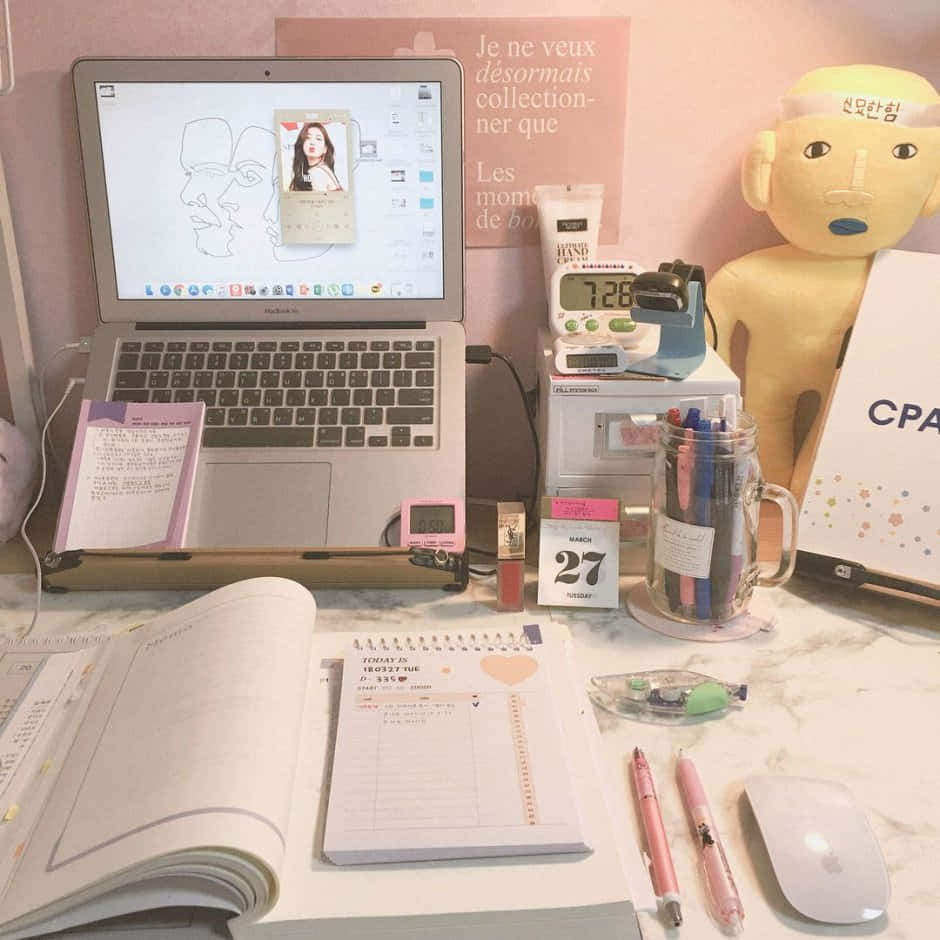 Pastel Desk Study Aesthetic Wallpaper