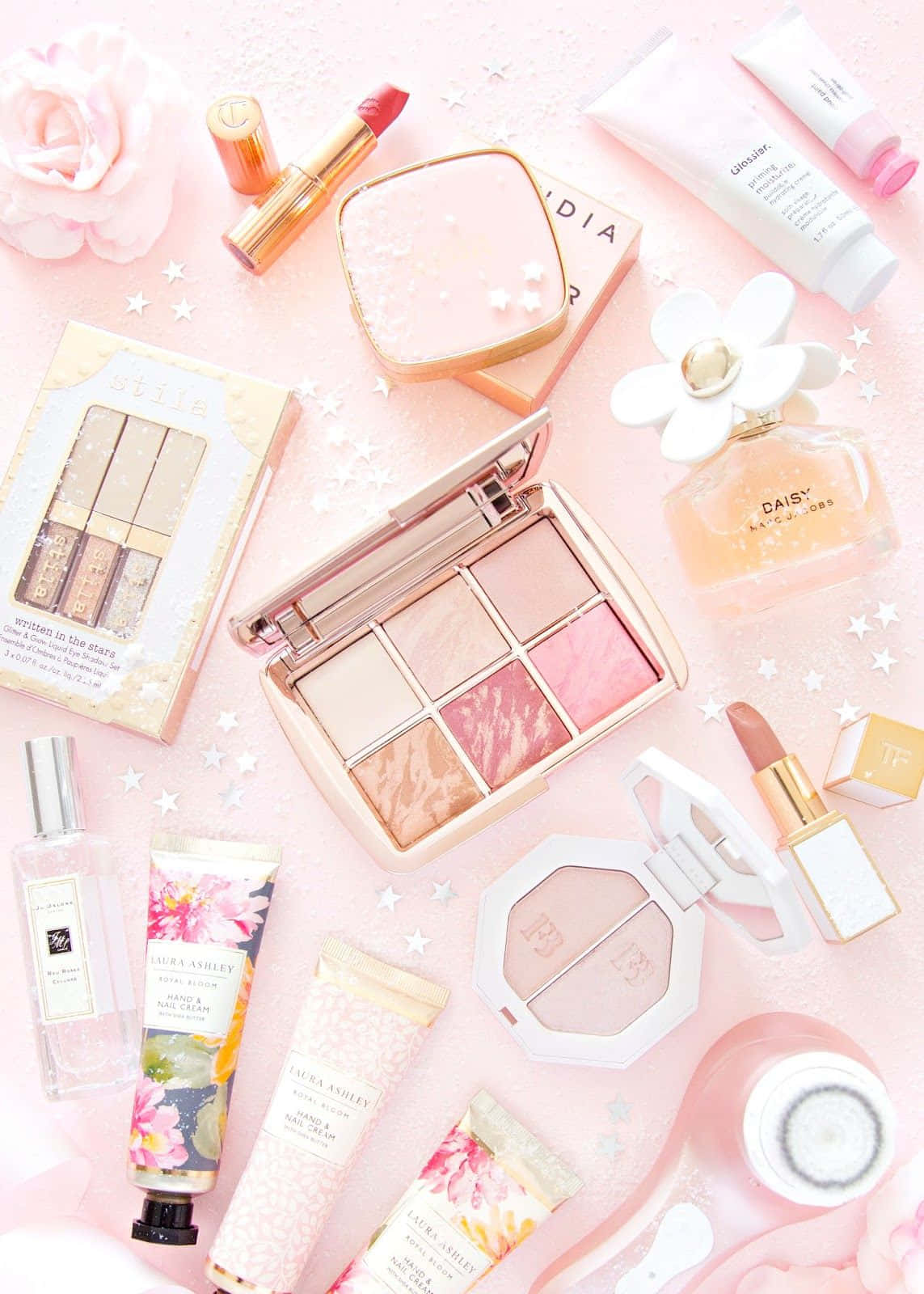 Pastel Makeupand Perfume Flatlay Wallpaper