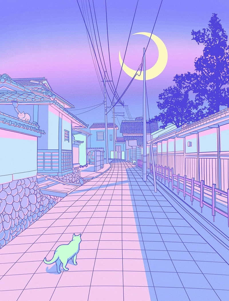 Pastel Night Cat Stroll Wallpaper