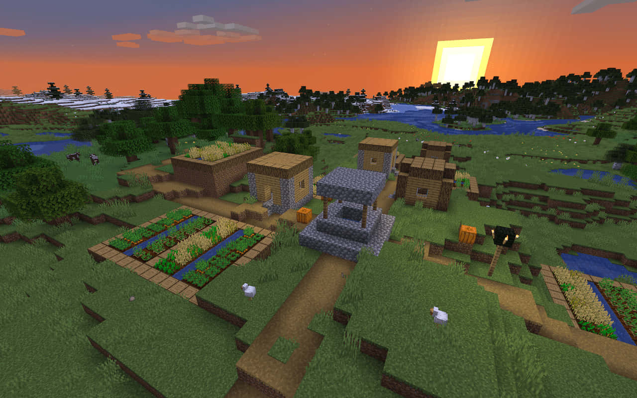 Peaceful Minecraft Village At Sunset Wallpaper