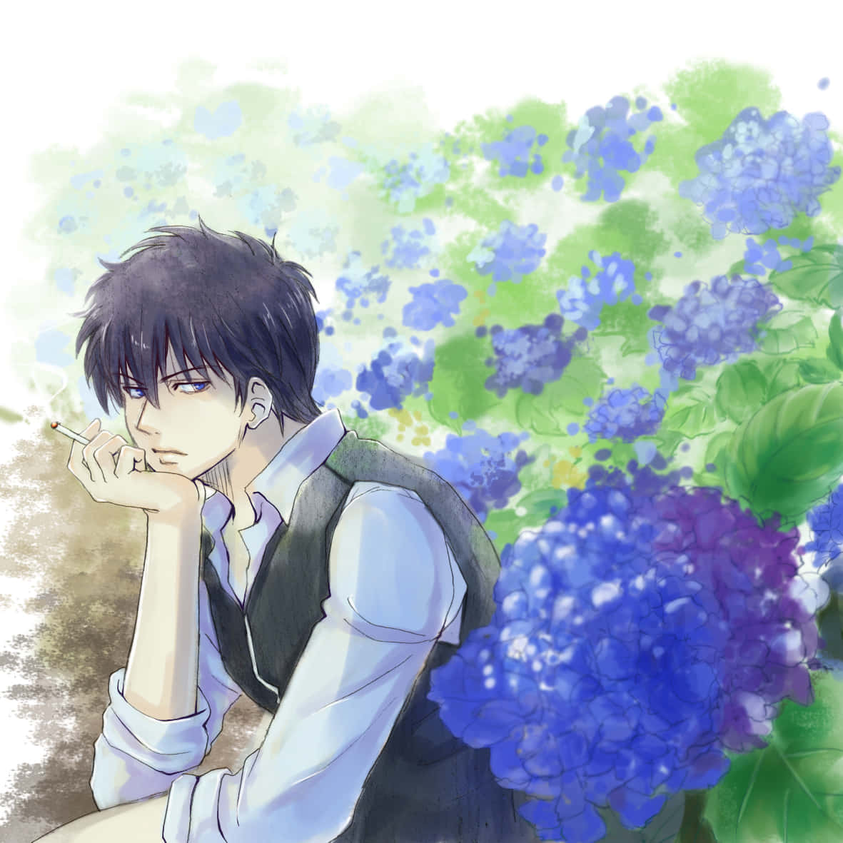 Pensive_ Anime_ Character_ Amidst_ Hydrangeas Wallpaper