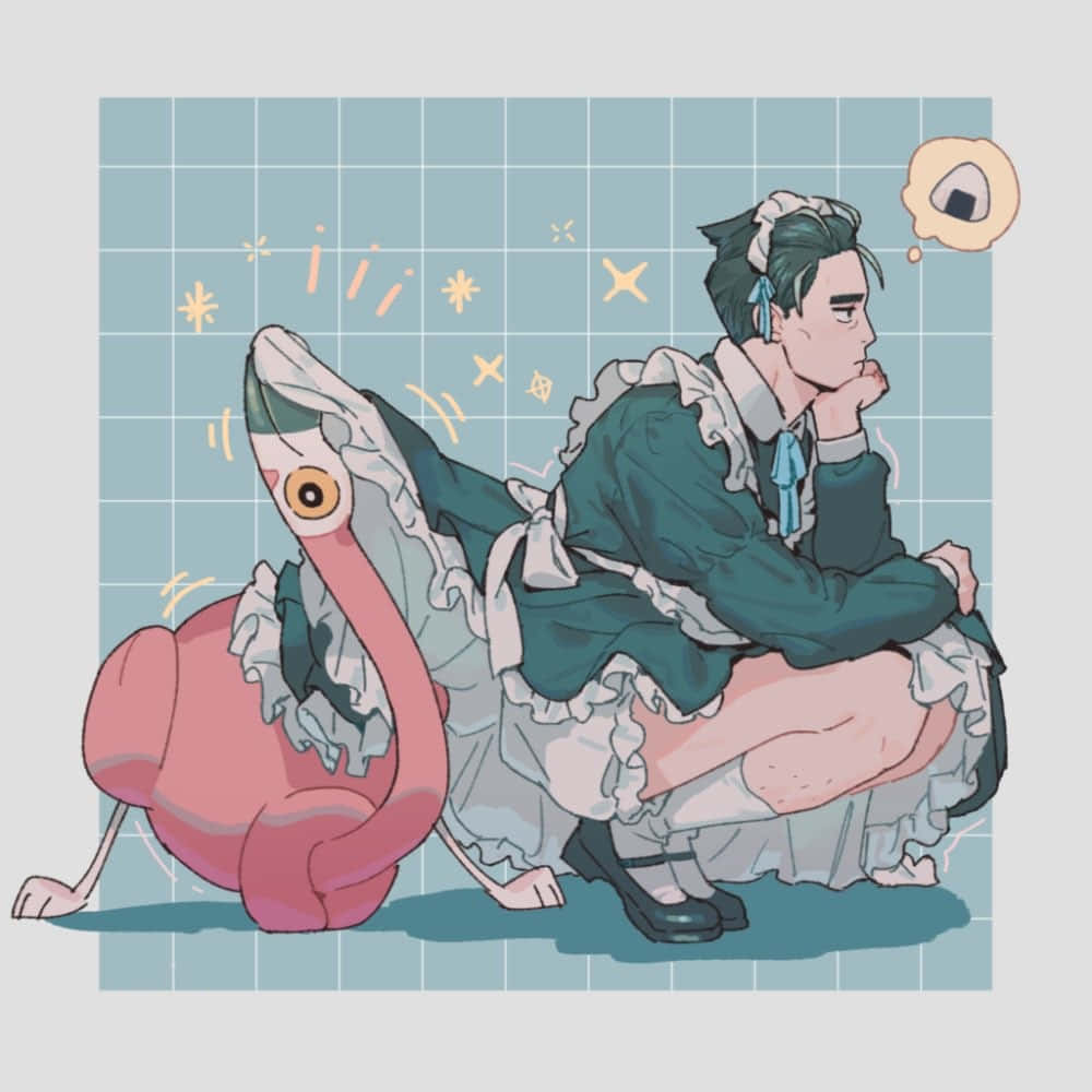 Pensive Characterwith Flamingo Creature Wallpaper