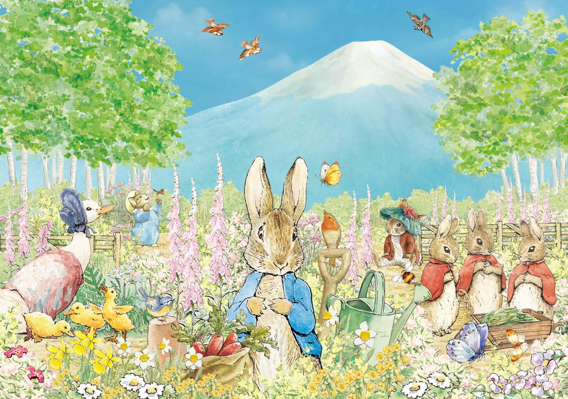 Peter Rabbitand Friendsin Garden Illustration Wallpaper